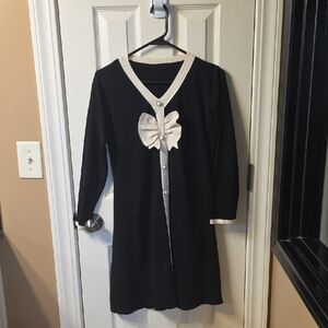 Black Cardigan Dress with White Bow Accent